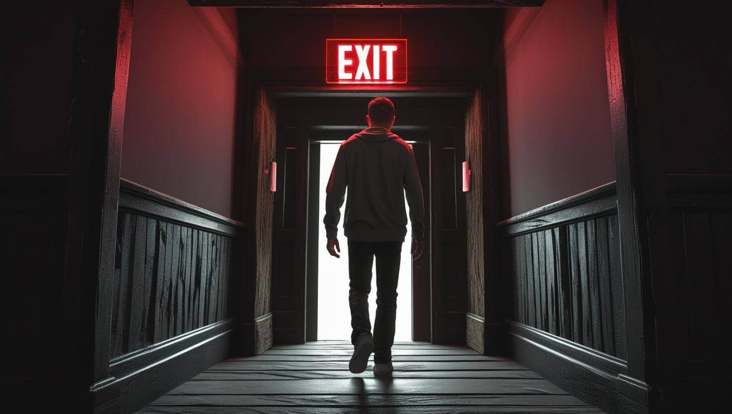 person walking through doorway with EXIT sign